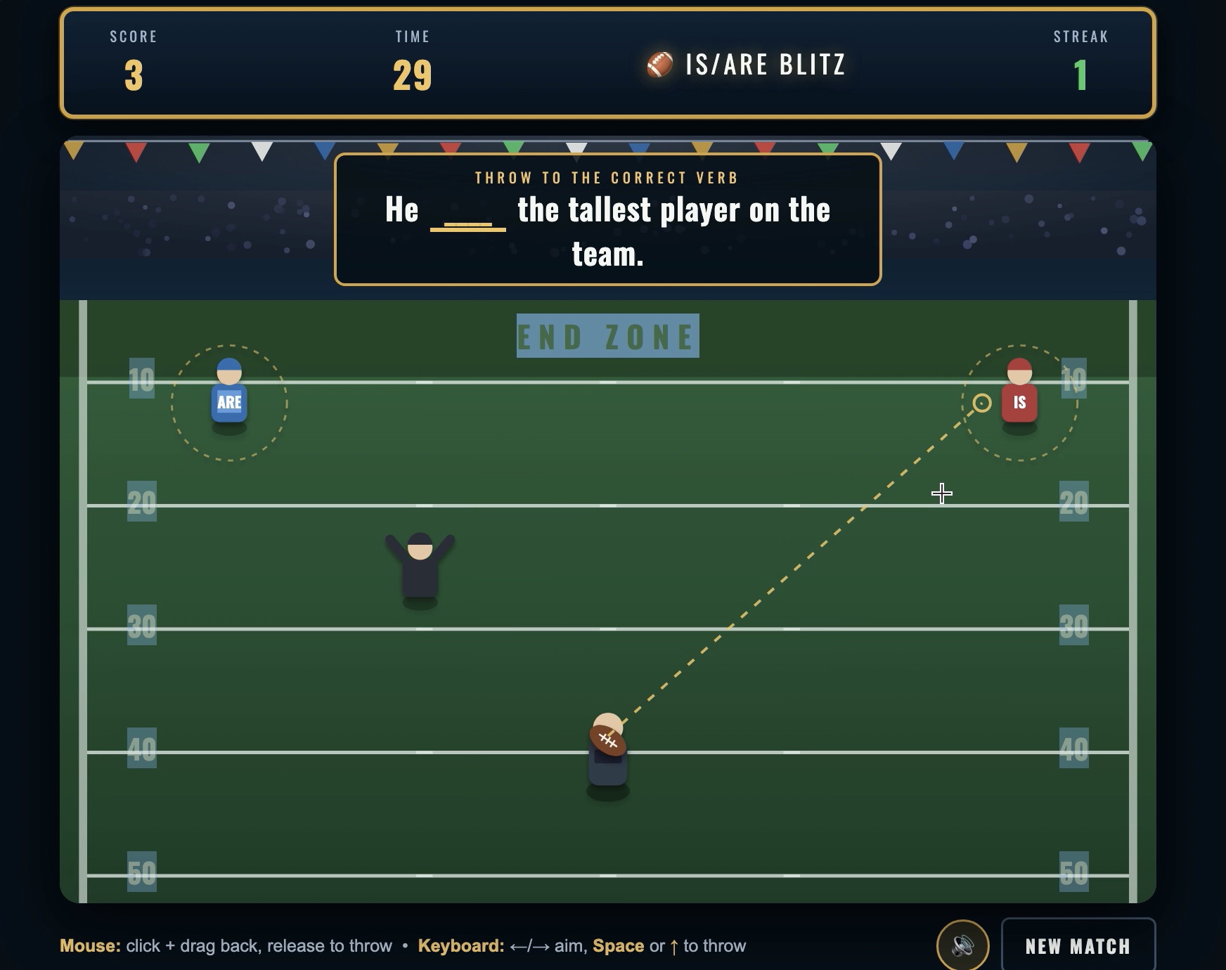 Is/Are Blitz gameplay screenshot — a football-themed game asking the player to throw to the correct verb