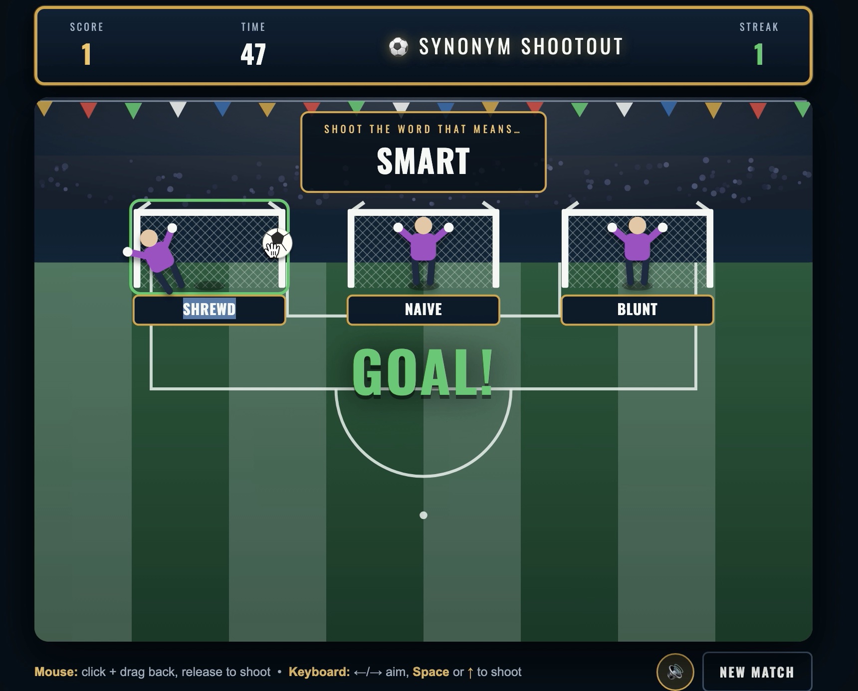Synonym Shootout gameplay screenshot — a soccer-themed game asking the player to shoot the word that means happy